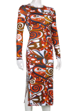 Colour Sexy Print High Opening O Neck Pencil Skirt Dresses