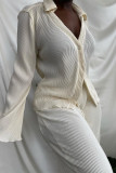 Apricot White Fashion Casual Solid Basic Turndown Collar Long Sleeve Two Pieces