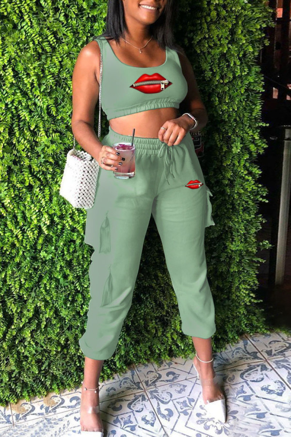 Green Fashion Casual Print Patchwork U Neck Sleeveless Two Pieces