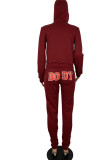 Burgundy Casual Print Patchwork Hooded Collar Long Sleeve Two Pieces