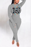 Grey Street Print O Neck Long Sleeve Two Pieces