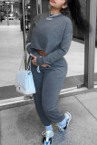 Grey Fashion Casual Solid Basic O Neck Long Sleeve Two Pieces