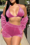 Blue Casual Solid Patchwork Halter Long Sleeve Three Pieces
