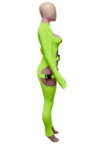 Fluorescent Green Sexy Casual Solid Hollowed Out Patchwork Turtleneck Skinny Jumpsuits