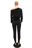 Black Fashion Casual Solid Bandage Oblique Collar Long Sleeve Two Pieces