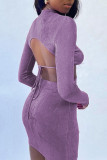 Grey Fashion Sexy Solid Hollowed Out O Neck One Step Skirt Dresses