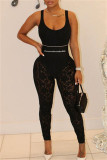 Black Fashion Sexy Patchwork Lace See-through U Neck Skinny Jumpsuits