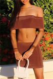 Brown Sexy Patchwork See-through Backless Off the Shoulder Long Sleeve Dresses