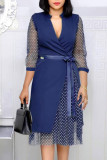 Tibetan Blue Fashion Street Polka Dot Patchwork V Neck A Line Dresses