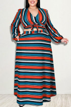Rose Red Fashion Casual Striped Split Joint V Neck Plus Size Two Pieces