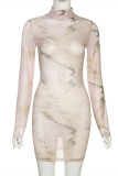 Khaki Fashion Sexy Print See-through Halter Long Sleeve Dresses