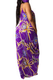 Black Fashion Sexy adult Black Green Pink Orange purple Off The Shoulder Sleeveless Slip Swagger Floor-Length Print Patchwork Dresses