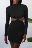 Grey Fashion Sexy Solid Hollowed Out O Neck One Step Skirt Dresses