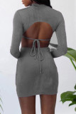 Grey Fashion Sexy Solid Hollowed Out O Neck One Step Skirt Dresses