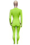 Fluorescent Green Sexy Casual Solid Hollowed Out Patchwork Turtleneck Skinny Jumpsuits