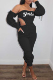 Black Casual Print Pants Bateau Neck Jumpsuits