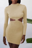 Grey Fashion Sexy Solid Hollowed Out O Neck One Step Skirt Dresses