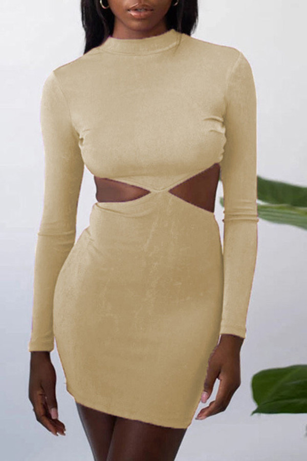 Apricot Fashion Sexy Solid Hollowed Out O Neck One Step Skirt Dresses