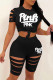 Black Fashion Casual Letter Print Ripped O Neck Short Sleeve Two Pieces