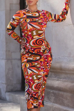 Colour Sexy Print High Opening O Neck Pencil Skirt Dresses