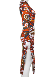 Colour Sexy Print High Opening O Neck Pencil Skirt Dresses