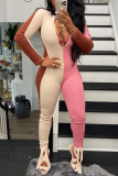 Multicolor Fashion Casual Patchwork Basic Zipper Collar Skinny Jumpsuits