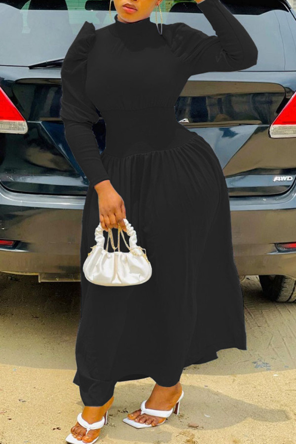 Black Fashion Casual Solid Patchwork Turtleneck Waist Skirt Dresses