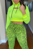 Fluorescent Green Fashion Casual Leopard Printing Hooded Collar Long Sleeve Three-piece Set