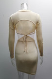 Grey Fashion Sexy Solid Hollowed Out O Neck One Step Skirt Dresses