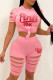 Pink Fashion Casual Letter Print Ripped O Neck Short Sleeve Two Pieces