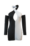 Black White Fashion Sexy Patchwork Hollowed Out Backless Halter Long Sleeve Dresses