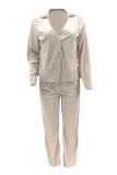 Apricot White Fashion Casual Solid Basic Turndown Collar Long Sleeve Two Pieces