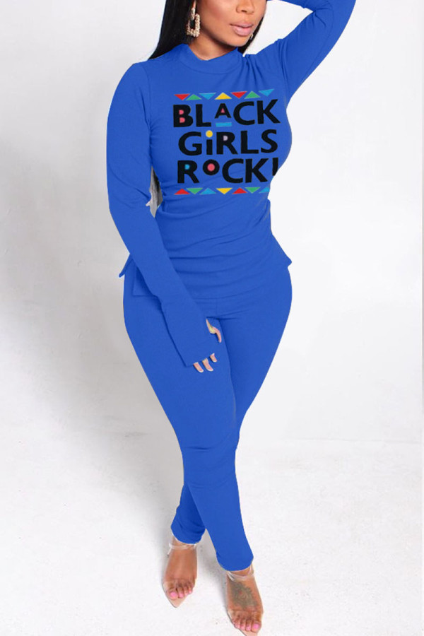 Blue Street Print O Neck Long Sleeve Two Pieces