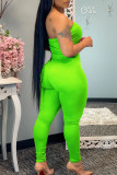 Fluorescent Green Sexy Casual Solid Backless Strapless Skinny Jumpsuits