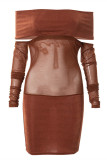 Brown Sexy Patchwork See-through Backless Off the Shoulder Long Sleeve Dresses