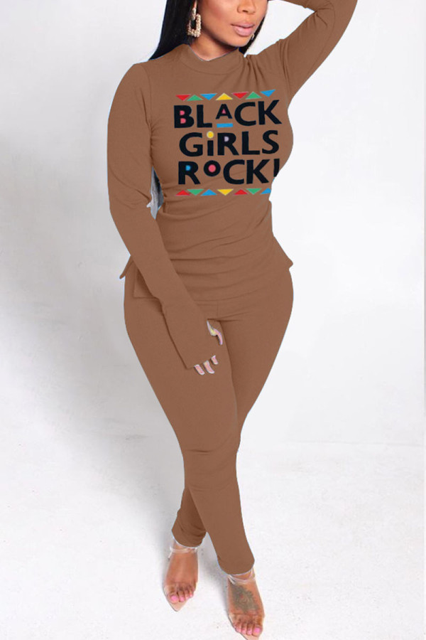 Coffee Street Print O Neck Long Sleeve Two Pieces