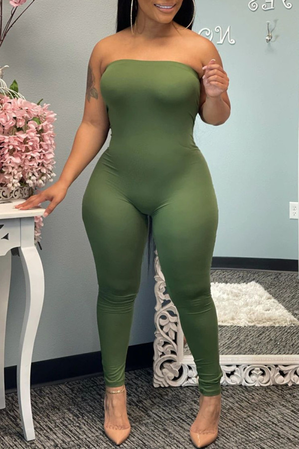 Army Green Sexy Casual Solid Backless Strapless Skinny Jumpsuits