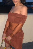 Brown Sexy Patchwork See-through Backless Off the Shoulder Long Sleeve Dresses