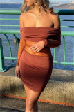 Brown Sexy Patchwork See-through Backless Off the Shoulder Long Sleeve Dresses