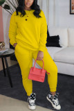 Yellow Casual Solid Pocket O Neck Long Sleeve Two Pieces