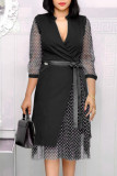 Black Fashion Street Polka Dot Patchwork V Neck A Line Dresses