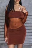 Brown Sexy Patchwork See-through Backless Off the Shoulder Long Sleeve Dresses