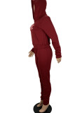 Burgundy Casual Print Patchwork Hooded Collar Long Sleeve Two Pieces