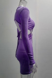 Grey Fashion Sexy Solid Hollowed Out O Neck One Step Skirt Dresses