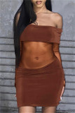 Brown Sexy Patchwork See-through Backless Off the Shoulder Long Sleeve Dresses
