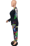 Black Casual Print Patchwork Turndown Collar Long Sleeve Two Pieces