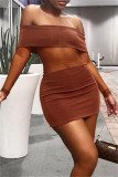 Brown Sexy Patchwork See-through Backless Off the Shoulder Long Sleeve Dresses