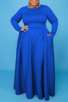 Blue Fashion Casual Solid Split Joint O Neck Plus Size Two Pieces