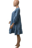 Deep Blue Fashion Casual Solid Patchwork O Neck A Line Dresses
