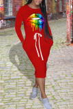 Red Casual Print Patchwork Pocket Frenulum O Neck One Step Skirt Dresses
